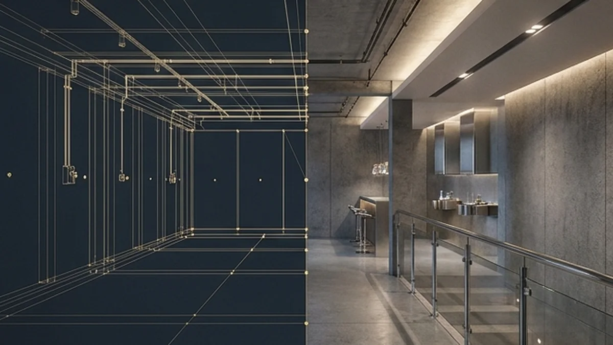 Editorial concept of a wireframe interior beside its finished materials