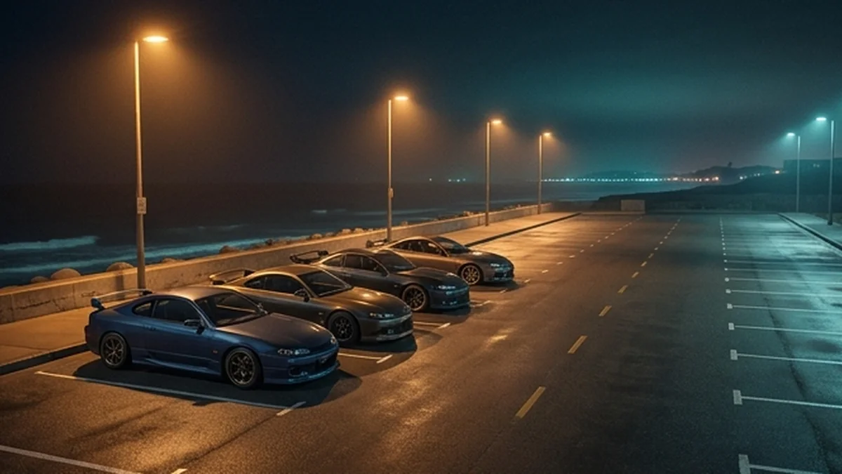 Editorial concept of an organized coastal car meet at night