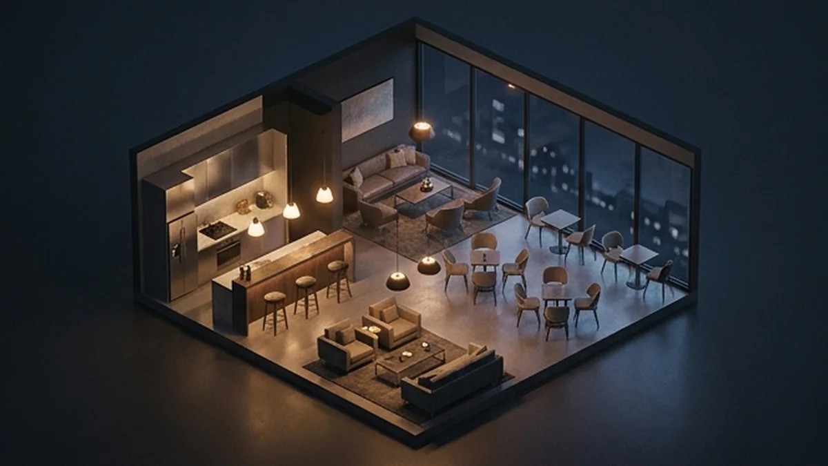 Editorial cutaway concept showing the room flow of a social interior
