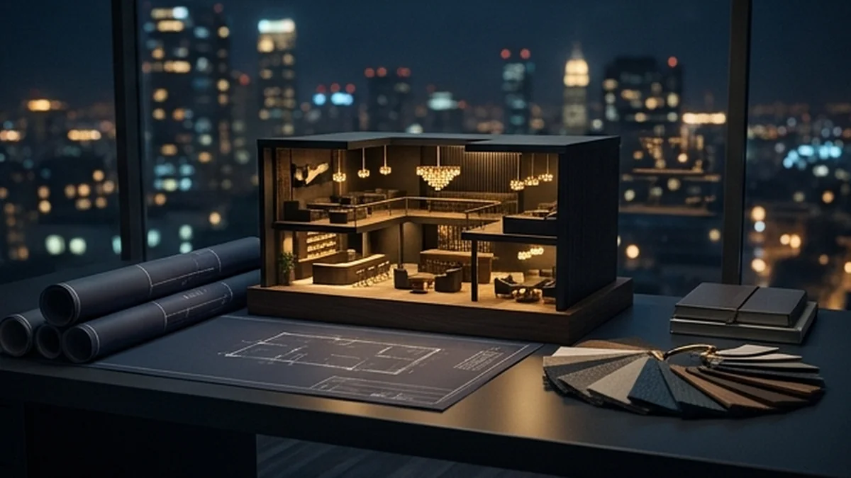 Editorial concept of a custom interior model and planning materials