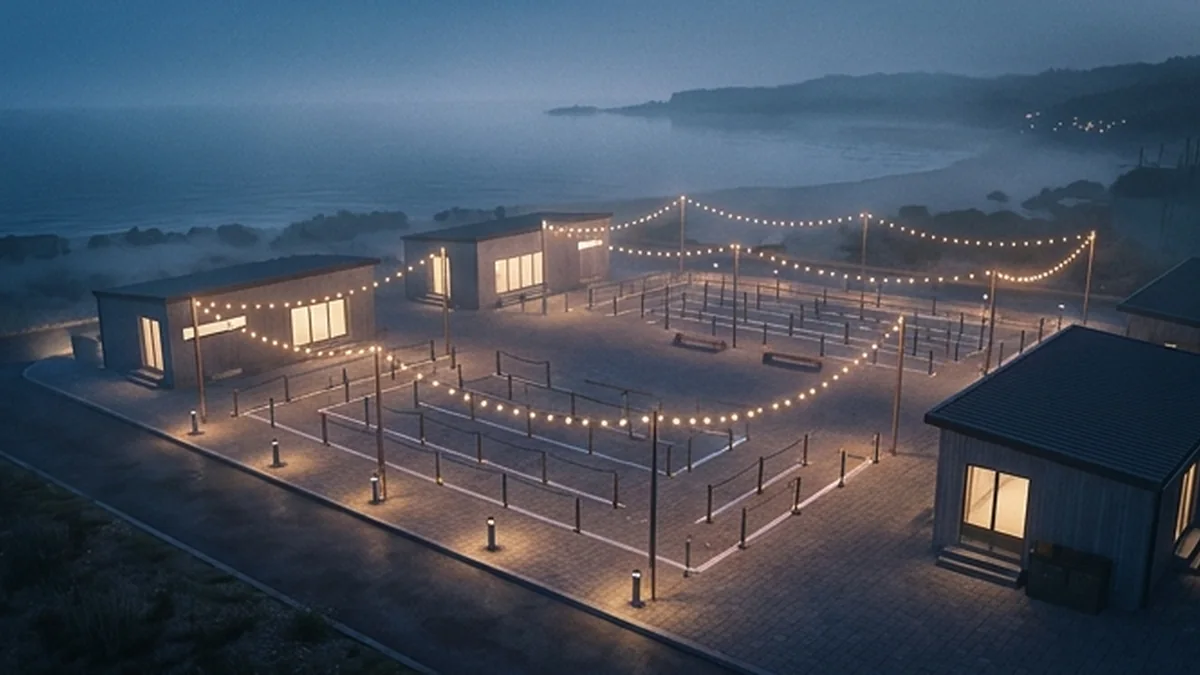 Editorial concept of a coastal event venue with clear arrival routes