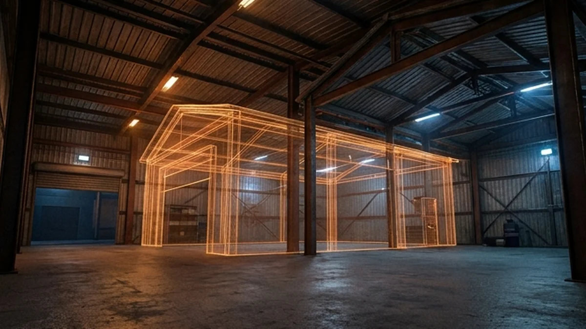 Editorial warehouse concept showing overlapping architectural outlines