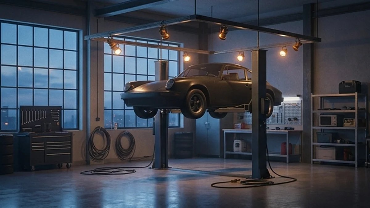 Editorial concept of an automotive workshop prepared for a staging test