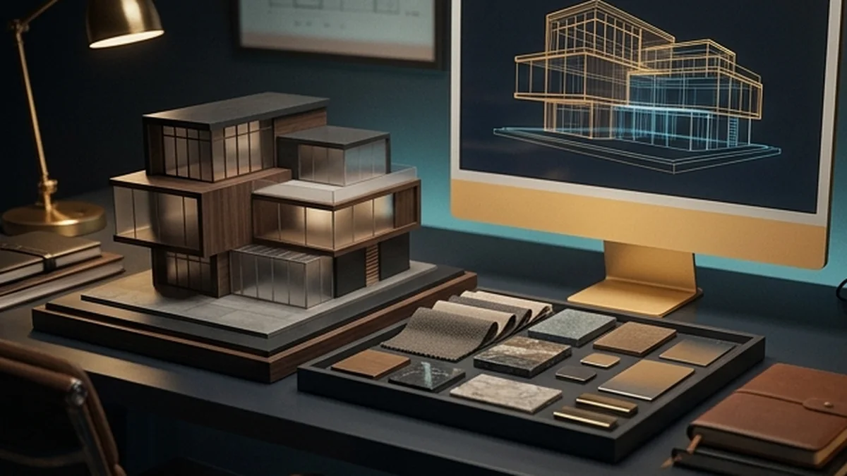 Editorial concept of a building model and a wireframe on a studio desk