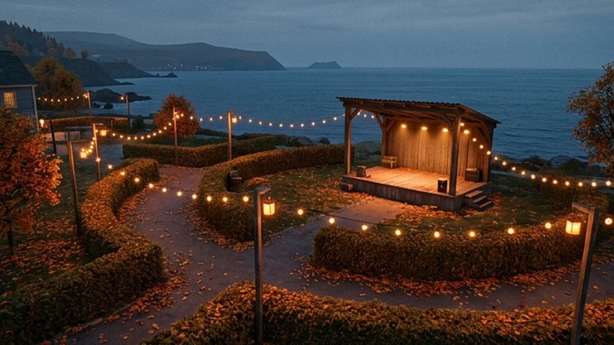 Editorial concept of an autumn coastal venue with warm lighting
