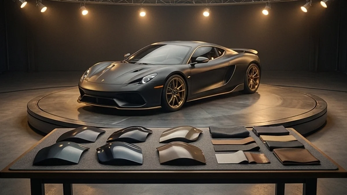 Editorial concept of a vehicle with material and body-panel samples